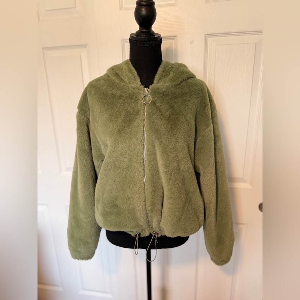 Free Haven Green Faux Fur Zip-Up Hoodie